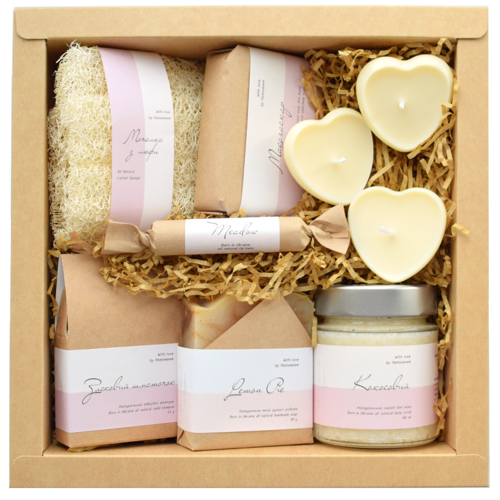 Spa box with loofah sponge, soaps, cocoa-almond body butter, lip balm and heart candles