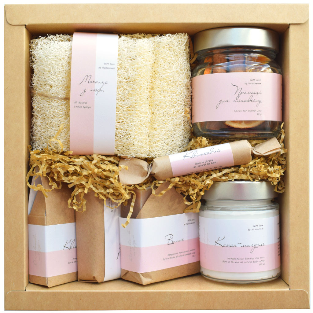Spa box with loofah, solid shampoo, Lemon Pie soap, coconut body scrub, lip balm and heart candles