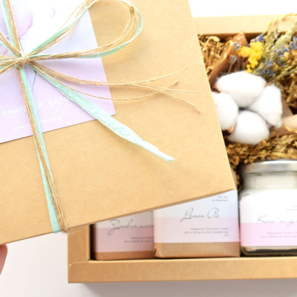 Botanical spa box with handmade soap, herbal tea, body butter, soy candle and dried lavender